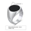 Detail view of 17mm men's stainless steel signet ring with black inlay and 15.2g weight - Silver Round Black Signet Ring (Size 7)