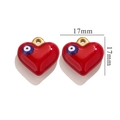 Detailed view of red enamel heart charms with evil eye pattern measuring 17mm x 17mm - Gold Red Evil Eye Heart