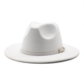 Classic white wide brim wool fedora hat with a leather band and gold buckle detail - White