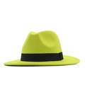 Classic wide brim wool felt jazz fedora hat in fluorescent yellow with black decorative band - M (56-58cm) / Fluorescent Green