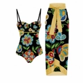 Detail view of two-piece floral bikini set with matching sarong and yellow waist tie - Y10 Retro Set