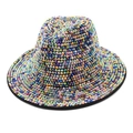Detailed close-up of a premium wool fedora hat covered in sparkling iridescent AB rhinestones - M (56-58cm) / Rainbow