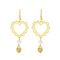 Gouden asymmetrische muzieknoot oorbellen met sprankelende diamanten en parels - Gouden Dubbel Hart Parelstijl