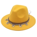 Detail of bohemian wool fedora with beaded braided band and vintage gold pendants - M (56-58cm) / Yellow