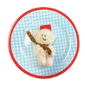 Cream teddy bear with red Christmas hat and striped scarf on a ceramic plate - White Joint Bear with Red and Green Scarf