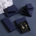 Dark blue linen textured jewelry gift box set with earring inserts and mesh fabric décor - Navy Blue