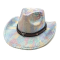 Detail of western cowboy hat featuring iridescent snake texture and silver bull skull ornament - White / M (56-58cm)