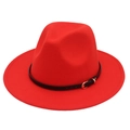 Detail of red wool fedora hat featuring a black leather band and gold buckle - M (56-58cm) / Orange Red (Black Leather Band)