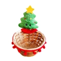 Bamboo Christmas candy basket featuring a festive green plush tree and red pom-pom trim - Christmas Tree