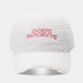 Close-up of white fleece baseball cap featuring pink 'GOD'S FAVORITE' embroidery detail - Adjustable / White