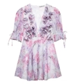 Robe courte fleurie rose violette avec pétales 3D et décolleté en V en mousseline légère - Imprimé Fleuri à Manches Courtes