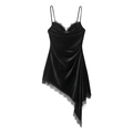 Elegant black satin slip dress featuring lace trim and asymmetrical hemline on white background - XS / Black