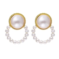 Elegant French vintage imitation pearl stud earrings with sparkling crystals in gold setting - Pearl Halo Retro