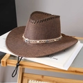 Detail of dark brown woven hat featuring ornate beaded band and adjustable chin strap - Adult (55-60cm) / Brown