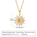 Detailed size and material specs for gold sunflower pendant with cubic zirconia - Sunflower Zirconia
