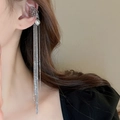 Long tassel ear cuff with silver chains and white pearls for a trendy fashion look - Silver Ear Clip (36#)
