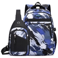 Blue camouflage high-capacity backpack and matching chest bag two-piece set for men - Backpack + Chest Bag / Blue Honeycomb