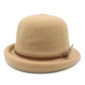 Elegant khaki knit cloche hat with brown leather belt trim and vintage rolled brim - M (56-58cm) / Camel