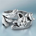 Verstellbarer Ring aus 925 versilbertem Metall mit Vintage-Schlafkatzen-Motiv im Retro-Stil - Größe 6 / Antiksilber