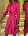 Detail view of rose pink blazer dress featuring pleated skirt and metallic waist buckle - S / Rose Red Style (5037玫红色)