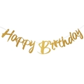 Golden Happy Birthday banner decoration with glitter letters and white hanging ribbon - Glitter Style No Age / Gold