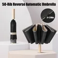 Black 50-rib automatic reverse folding umbrella with reinforced structure for windproof - 50-rib-10k3+2 Reverse Automatic Umbrella Wutong Rice / Gift Box Not Included