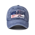 Dettaglio del cappellino vintage in denim lavato con ricamo America e stelle e strisce - Regolabile / Blu navy