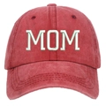 Detailed close-up of light beige MOM 3D embroidery on a washed red cotton baseball cap - Washed Wine Red MOM Embroidery Baseball Cap