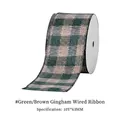 Green and white plaid wired ribbon with flocked edges for Christmas tree decoration - Green Checkered