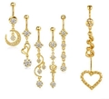 6-piece gold-plated belly ring set featuring moon, heart, and flower zircon studs - Gold White Zircon