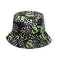 Women's black bucket hat with tropical purple berry and green leaf print - Black Base Colorful Leaves and Berry Print (O)