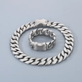 Detailed close-up of Cuban link chain set with unique dog bone shaped metal clasp - 24mm Width (21.5cm+50cm Set) / Silver