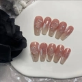 Handmade gradient nude pink press-on nails with 3D embossed roses and pearls decor - Extra Small (XS) / Autumn Winter Camellia Gradient