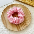 Pink scrunchie with white daisies and red polka dots on a wooden tray - Pink Floral