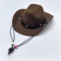 Brown mini cowboy hat for pets featuring a silver star buckle and adjustable chin strap - Dark Brown