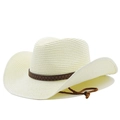 Sombrero vaquero de paja para mujer con cinta de cuero y barbiquejo ajustable en crema - M (56-58cm) / Blanco Crema