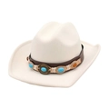 Detail of bohemian western cowboy hat featuring leather band and turquoise stone accents - One Size / White