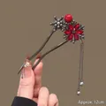 U-shaped hair pin with red crystal flower, pearls and 12cm tassel in vintage style - Gun Black Double Prong Crystal Snowflake Hair Stick