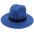 Detail of blue Panama straw hat showing fine weave texture and black ribbon band - One Size / Sapphire Blue
