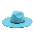 Close-up of sky blue fedora hat featuring a stylish brown leather belt and metal buckle - M (56-58cm) / Lake Blue