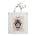 White canvas tote bag featuring a purple Hamsa Hand and Evil Eye mystical print - Pink Purple Hamsa J