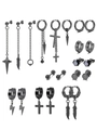 Set of black stainless steel earrings featuring cross, feather, and lightning charms - Black Dragon Pattern Gothic Set (36017)