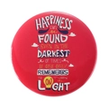 Red round tinplate button pin with inspirational English quote and hand-drawn icons - HAPPINESS can be FOUND