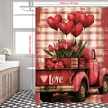 Detail view of Valentine shower curtain with vintage red truck and love heart pattern - 90*180cm / Olive Green