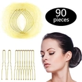 Detailed set of 90 pieces golden U-shaped hair pins and invisible mesh hair nets for styling - 50 Beige Nets + 40 U-Pins / Beige