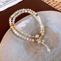 Multi-layer strawberry quartz beaded bracelet with silver flower and bell pendants - 64# White Multi-loop Bell Pendant Style