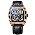 Orologio uomo tonneau oro rosa con quadrante stile scheletro e cinturino in pelle nera - Oro Rosa/Nero