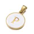 Golden stainless steel round pendant with white enamel and capital letter P - Letter P