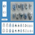 Blue gradient press-on nails with 3D silver bows, heart charms, and pearls set of 24 - Heart of the Ocean Style (Z1052)