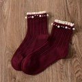 Vintage style dark red crew socks with white lace trim and faux pearl decorations - One Size / Burgundy